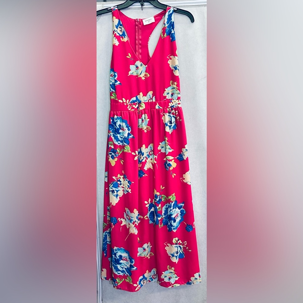 Everly Pink Blue Rose Floral V-neck Racer Back Sleeveless Dress Women's Small